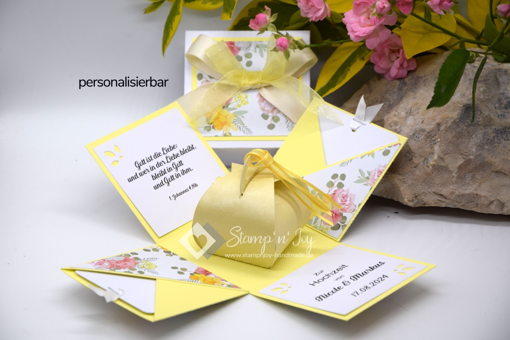 Explosionsbox Hochzeit ca. 7x7x7cm personalisierbar | Geldgeschenk | Zierschachtel | Motiv: floral | gelb weiß | Art. Nr. 03020008